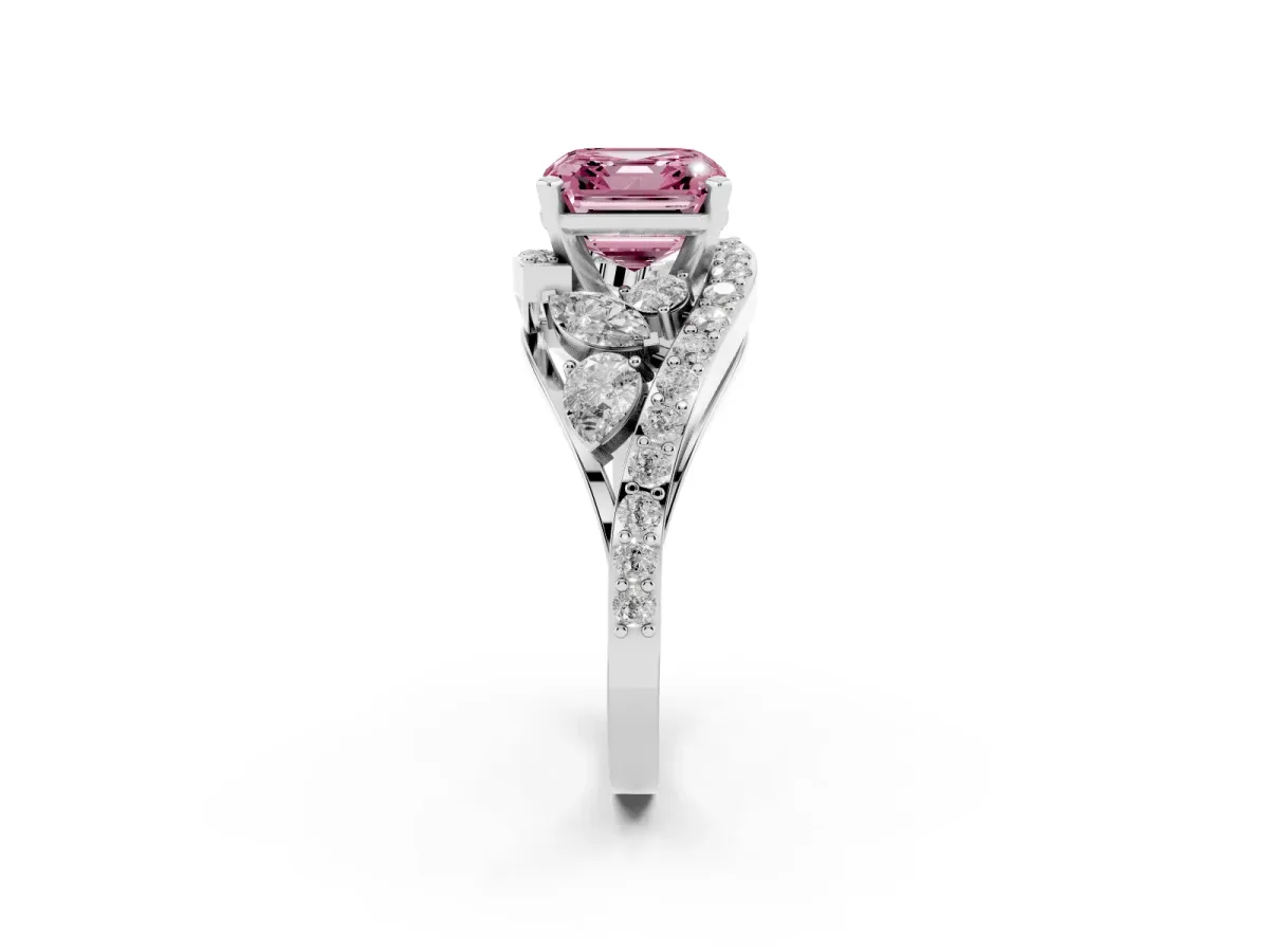 Fancy Pink Asscher Cut Diamond Halo Ring with Marquise and Pavé Band in Prong Setting Silver
