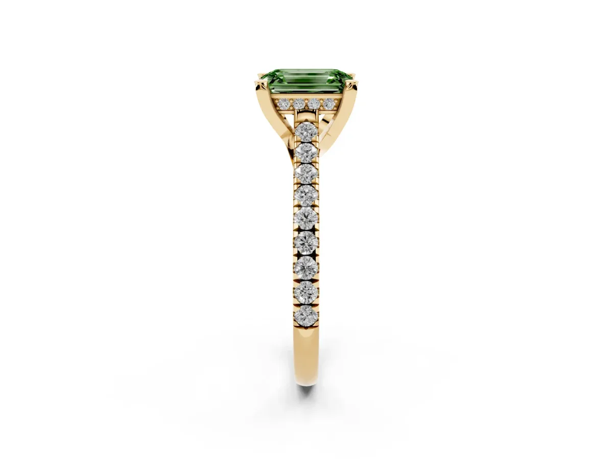 Fancy Green Emerald Cut Brilliant Diamond Solitaire with Pavé Band and Four-Prong Setting Yellow gold