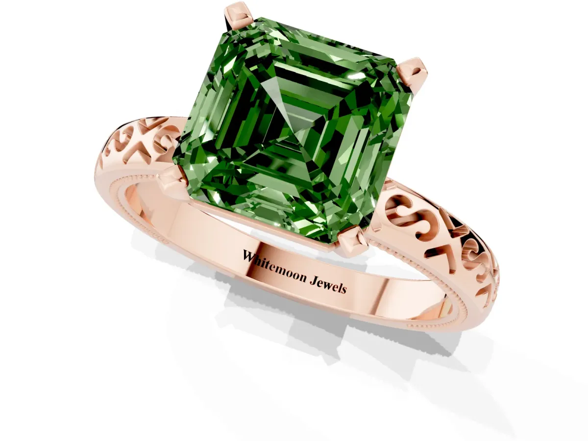 Fancy Green Asscher Cut Solitaire Engagement Ring with Scrollwork Band and Four-Prong Setting Rose gold