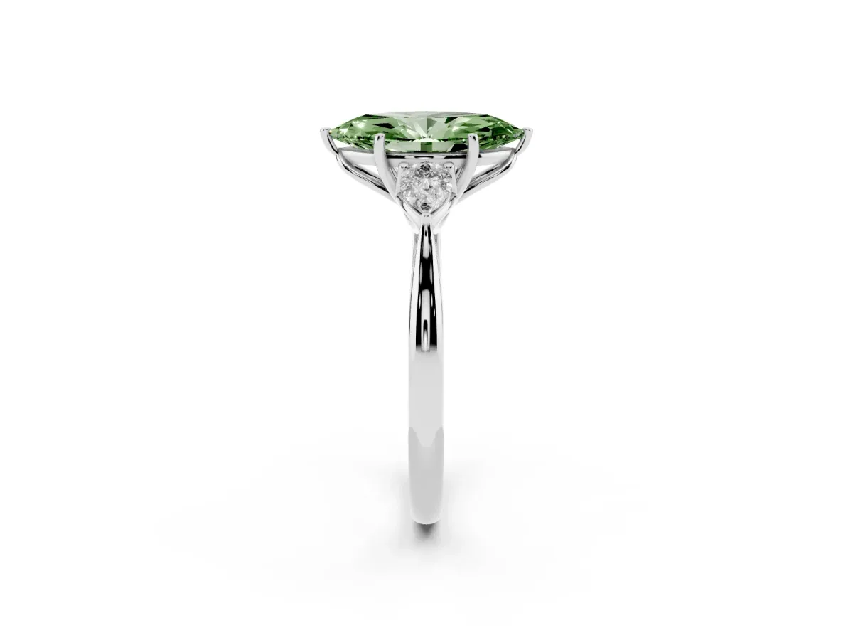 Fancy Green Three-Stone Marquise Cut Diamond Ring with Pear Side Stones in Four-Prong Setting Silver