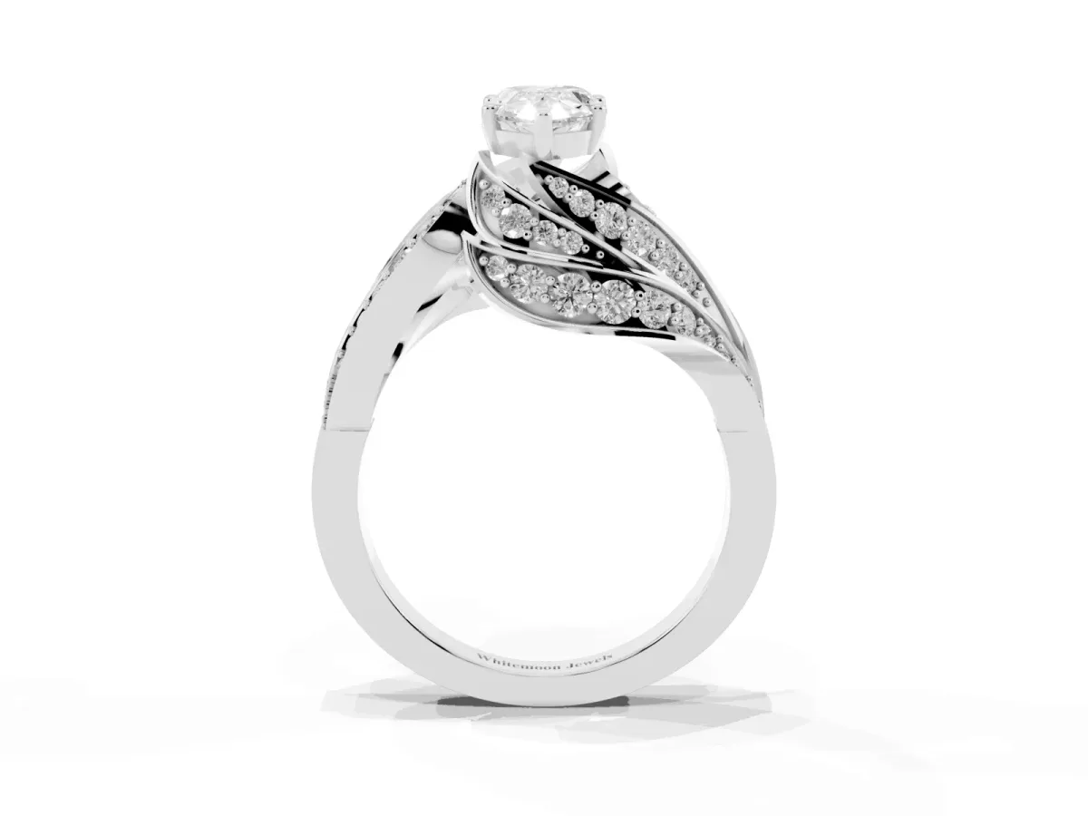 Pear Cut Diamond Solitaire Ring with Prong Setting and Twisted Pavé Band Silver