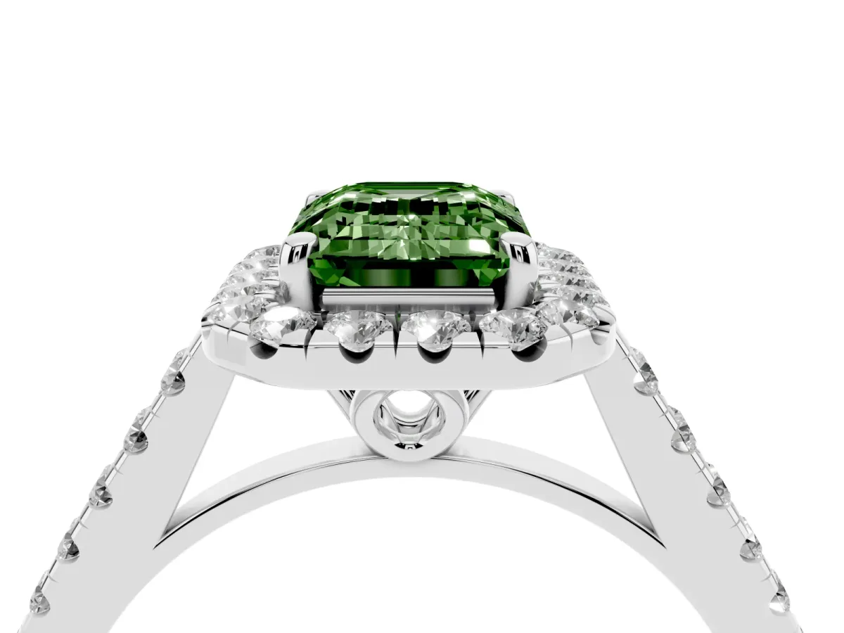 Fancy Green Emerald Cut Halo Pavé Diamond Engagement Ring with Four-Prong Setting Silver