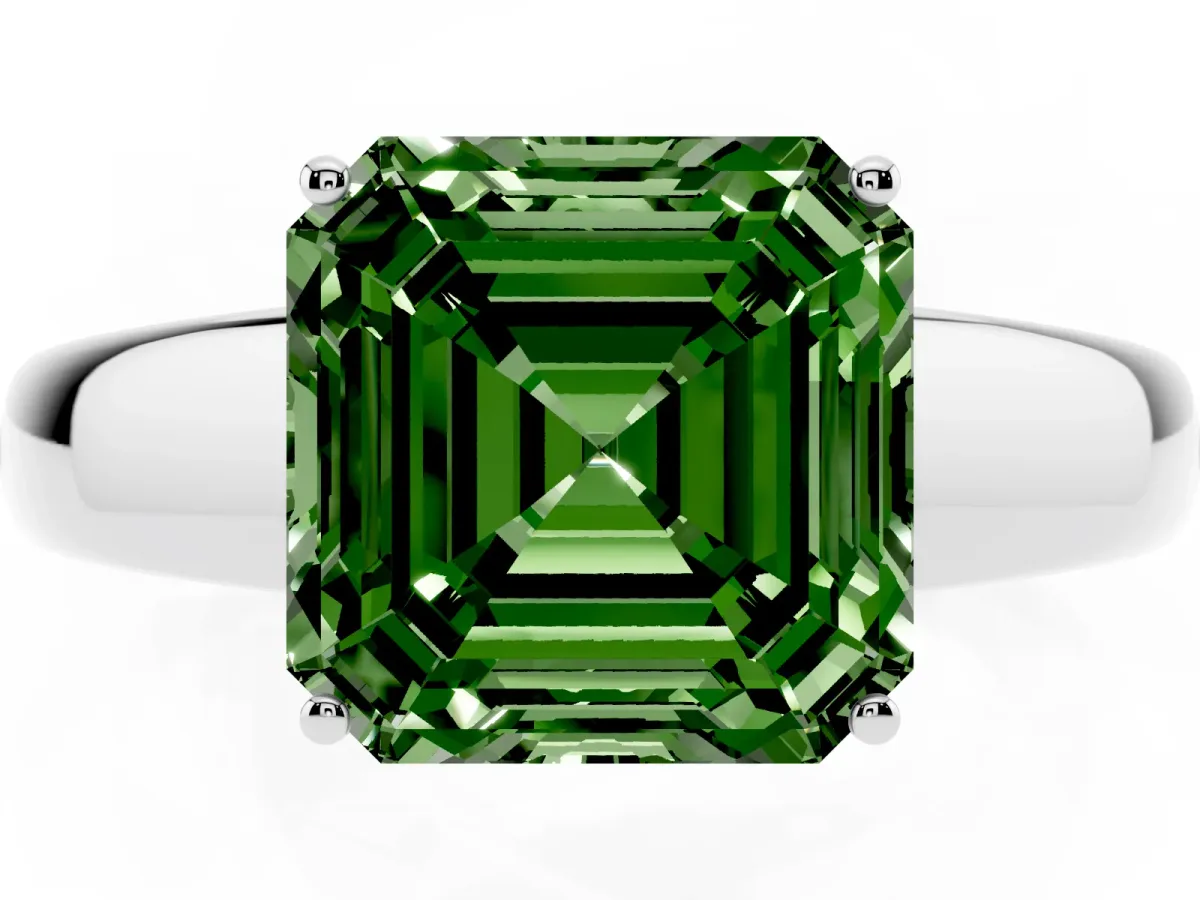 Fancy Green Asscher Cut Solitaire Diamond Ring with Tapered Band and Four-Prong Setting Platinum