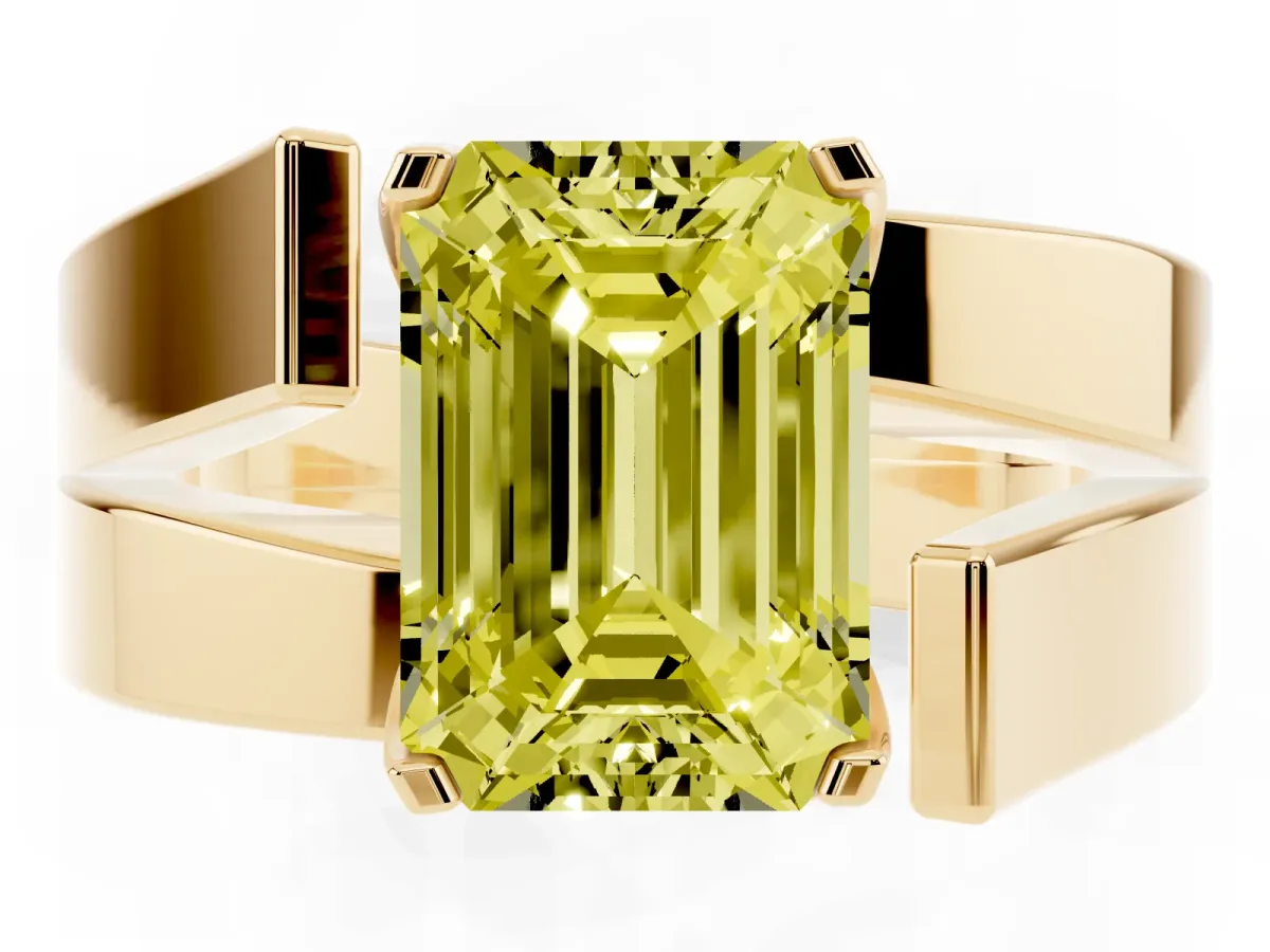 Fancy Yellow Modern Tension Set Emerald Cut Diamond Solitaire Wide Band Ring Yellow gold