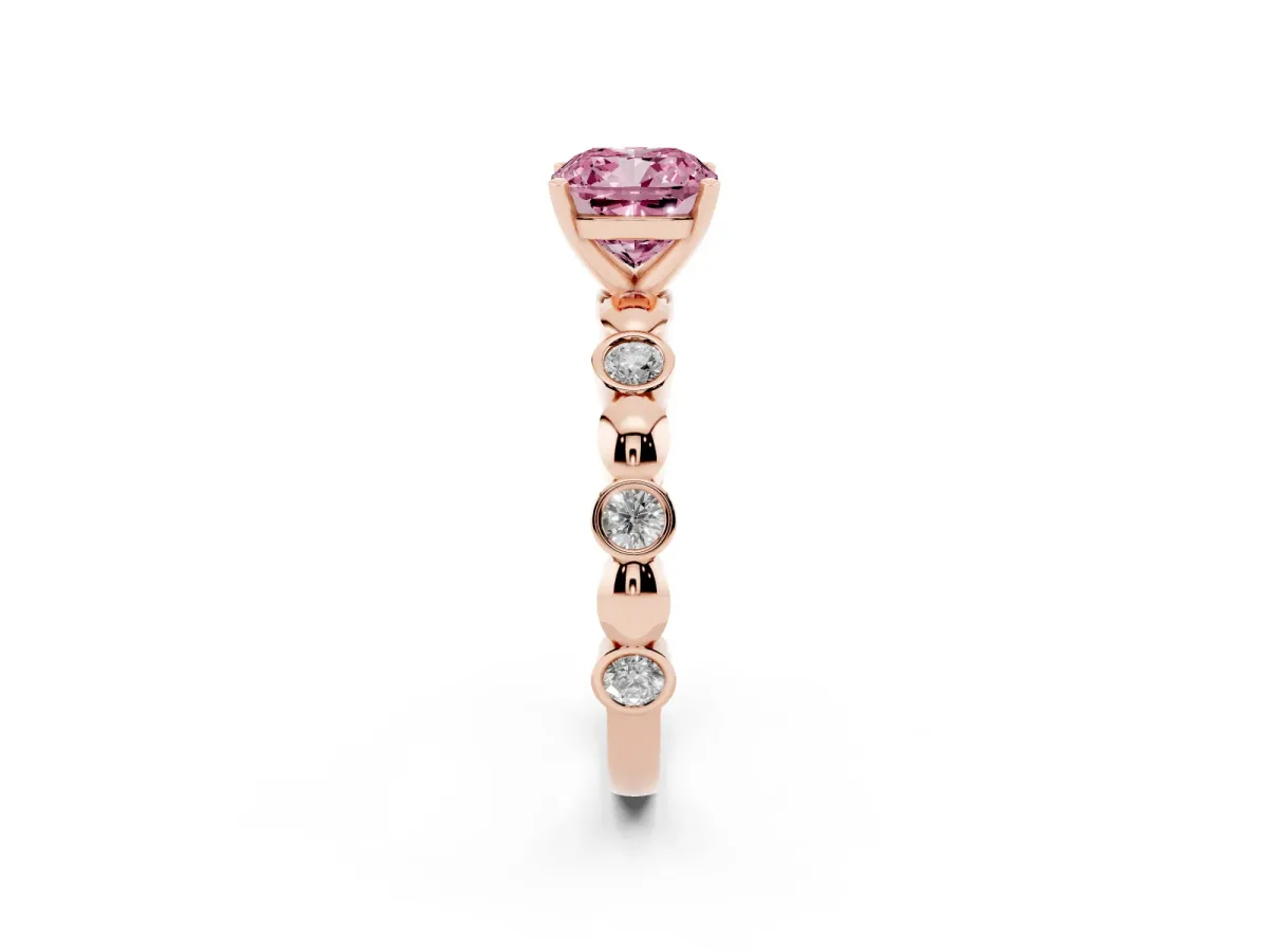 Fancy Pink Cushion Cut Solitaire Bezel-Set Diamond Ring with Beaded Band and Four-Prong Setting Rose gold