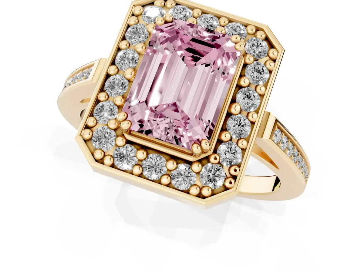 Fancy Pink Emerald Cut Diamond Halo Ring with Split Shank and Four-Prong Setting Yellow gold