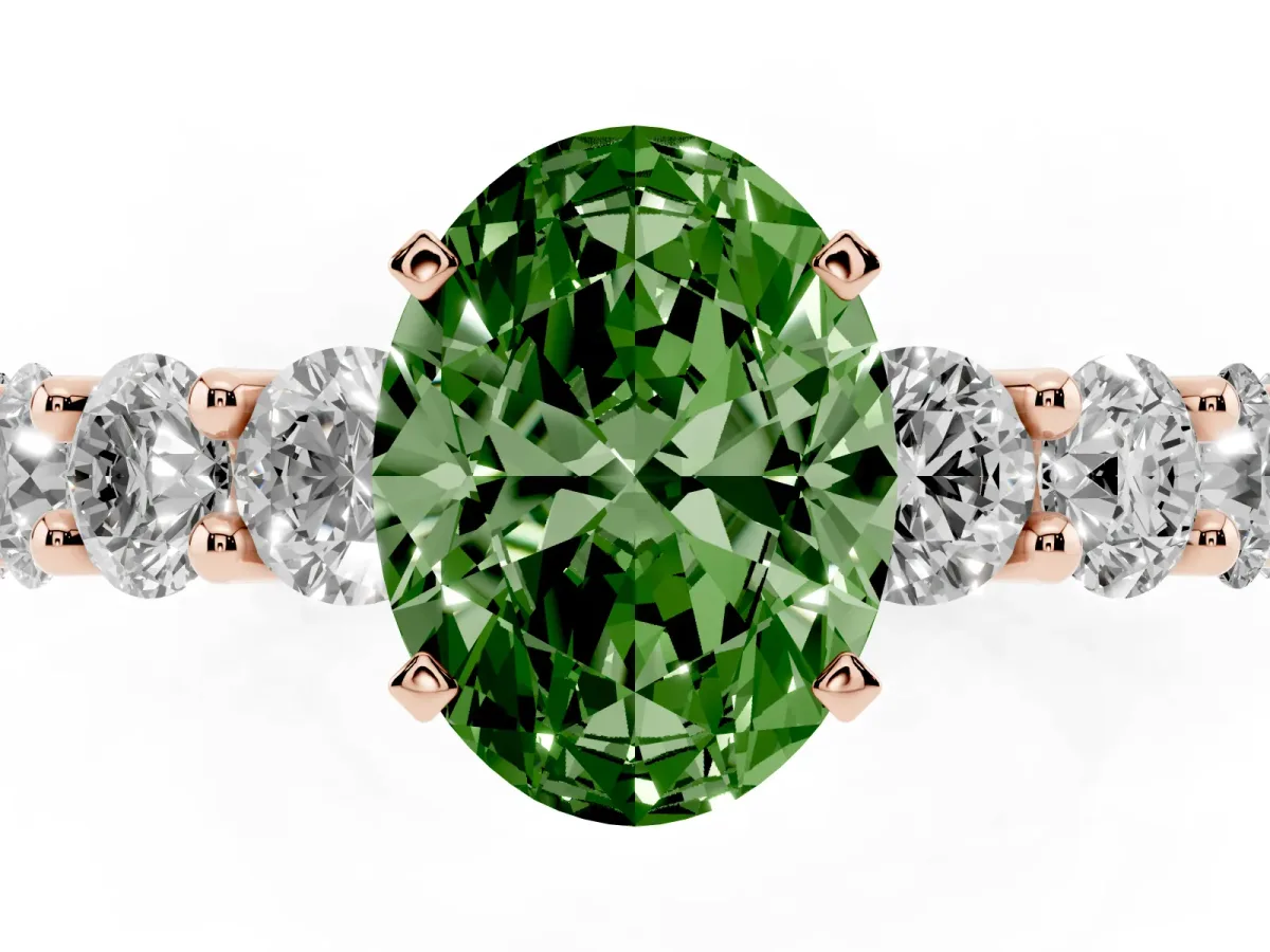 Fancy Green Oval Cut Diamond Prong Setting with Side Stones on a Pave Band Rose gold