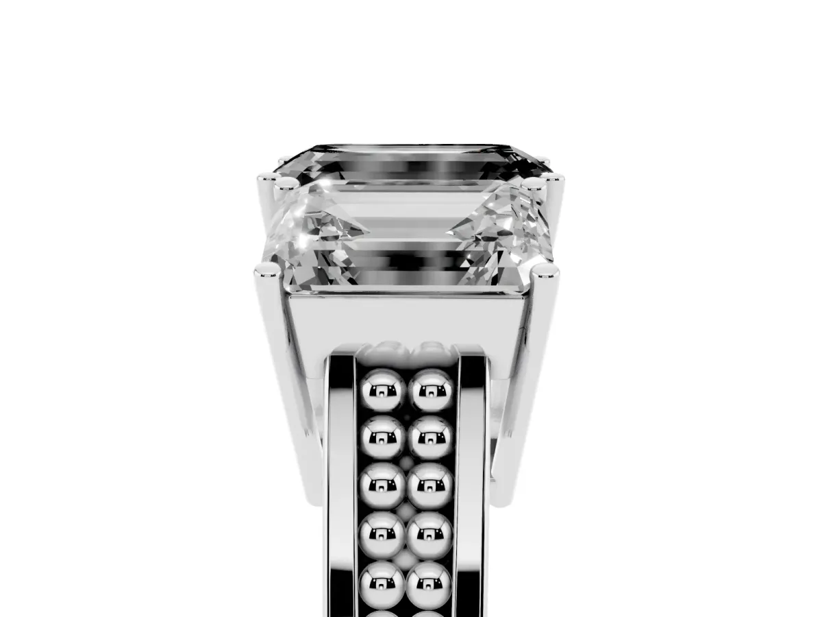 Fancy Black Emerald Cut Diamond Three-Stone Ring with Prong Setting and Textured Band Silver