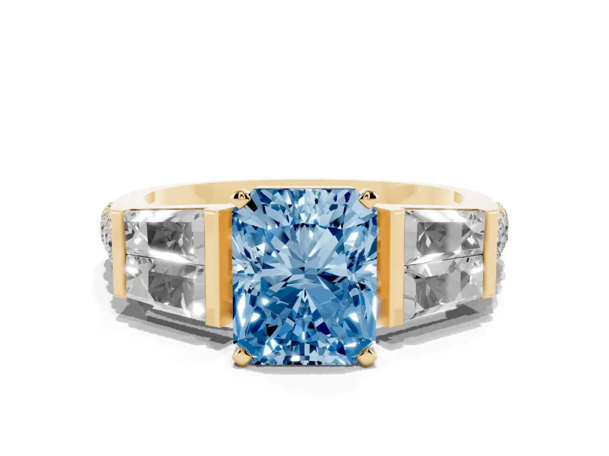 Fancy Blue Radiant Cut Diamond Engagement Ring with Baguette Side Stones and Channel Set Band Yellow gold