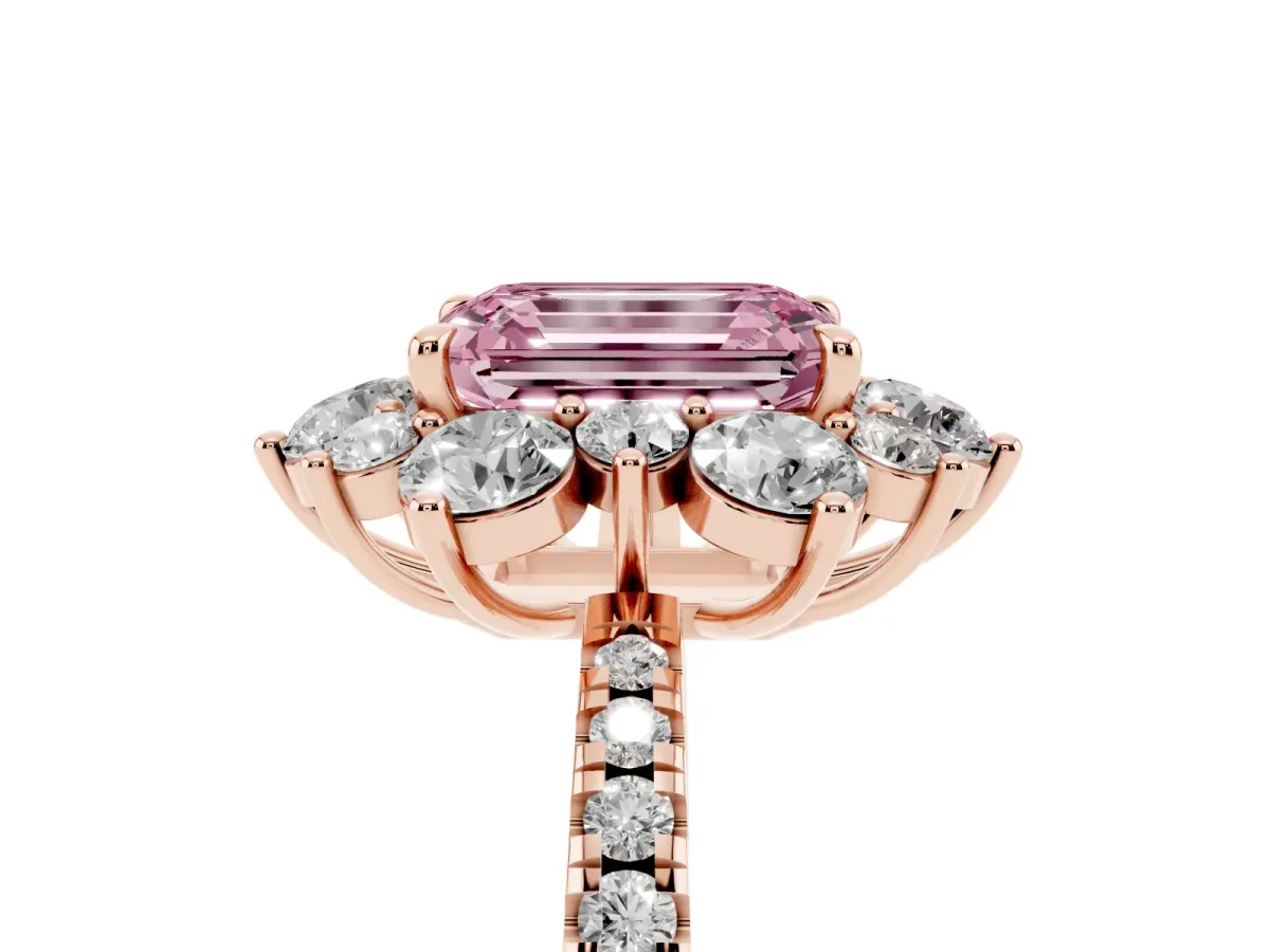 Fancy Pink Emerald Cut Diamond Floral Halo Ring with Round Pavé Band and Prong Setting Rose gold