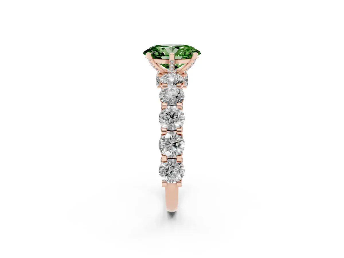 Fancy Green Oval Cut Diamond Side Stone Engagement Ring with Four-Prong Setting Rose gold