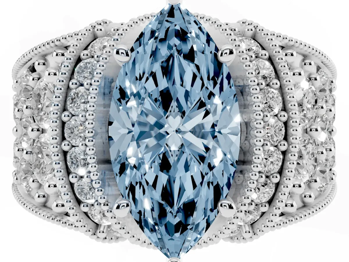Fancy Blue Marquise Cut Halo Pave Diamond Engagement Ring with Milgrain Detailing White gold