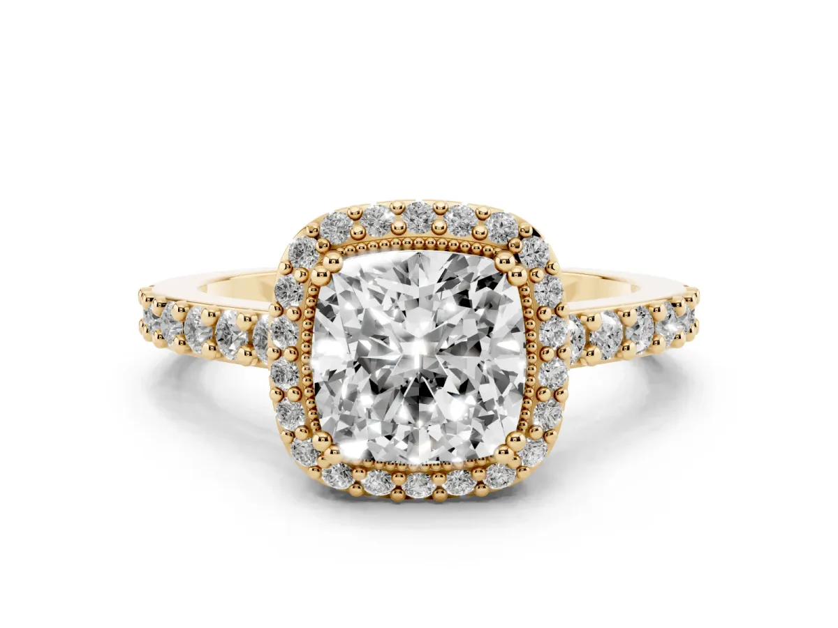 Cushion Cut Cut Diamond Halo Engagement Ring with Milgrain Detail and Pavé Band Yellow gold