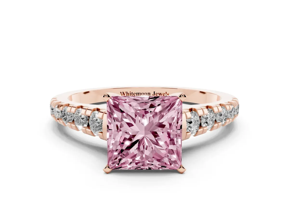 Fancy Pink Princess Cut Diamond Cathedral Solitaire Ring with Round Pavé Band Rose gold