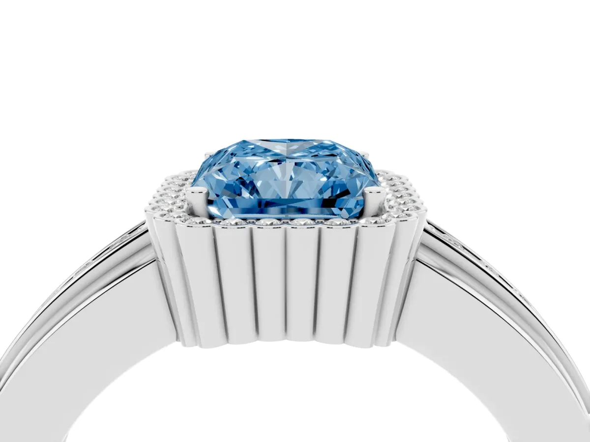 Fancy Blue Radiant Cut Cut Halo Pave Band Four-Prong Ring Silver