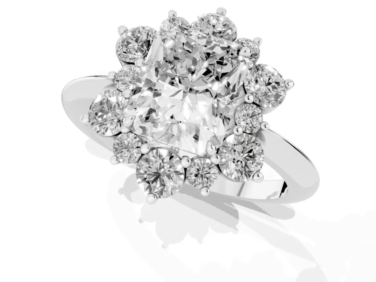 Radiant Cut Diamond Cluster Halo Ring with Solitaire Band and Four-Prong Setting Silver