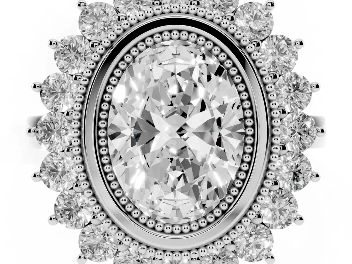 Oval Cut Halo Diamond Ring with Milgrain Edge and Round Prong Setting Silver