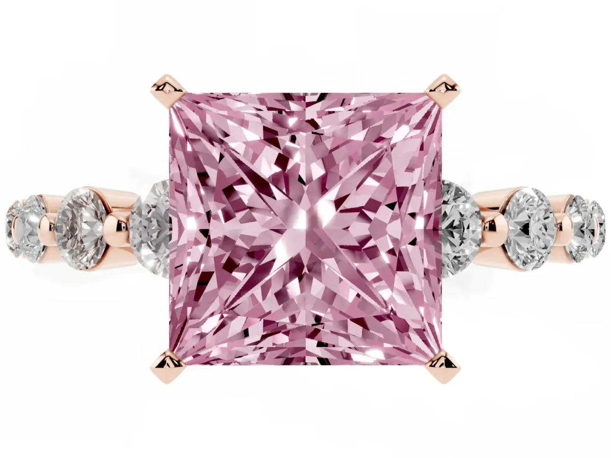 Fancy Pink Princess Cut Solitaire Diamond Ring with Pave Band and Four-Prong Setting Rose gold