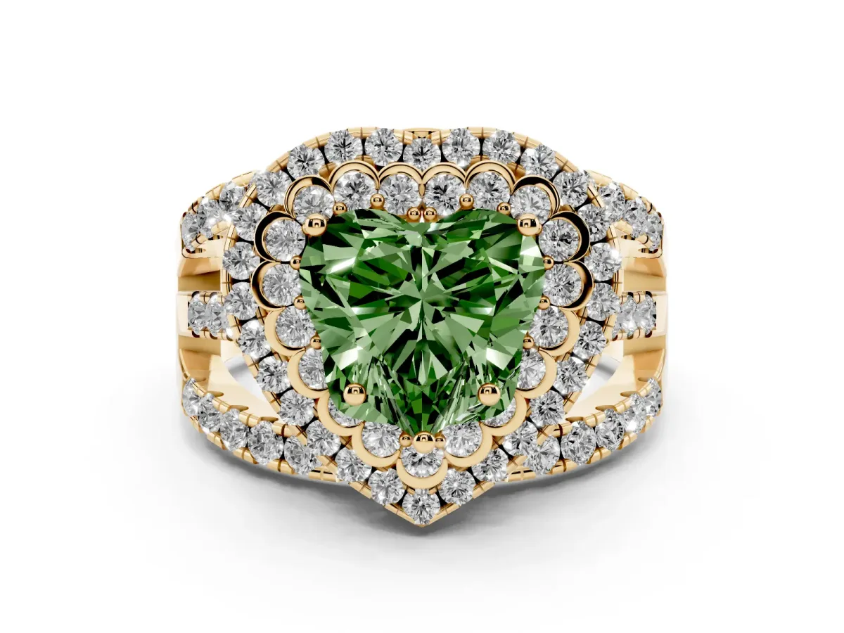 Fancy Green Heart Cut Diamond Double Halo Ring with Round Pavé Split Shank and Prong Setting Yellow gold