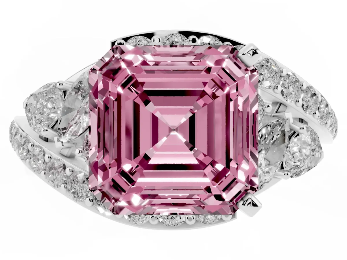 Fancy Pink Asscher Cut Diamond Halo Ring with Marquise and Pavé Band in Prong Setting Silver