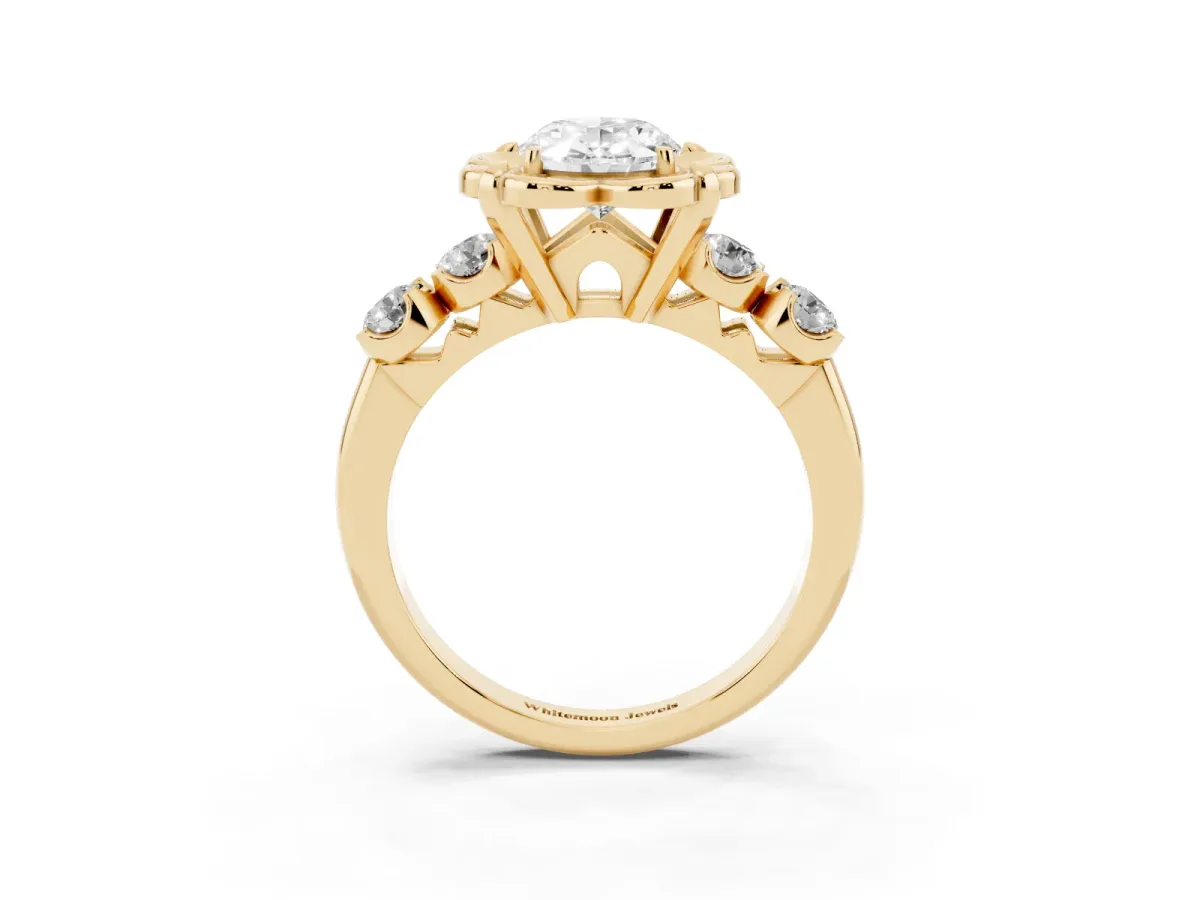 Oval Cut Cut Diamond Floral Halo Engagement Ring with Shared Prong Setting Yellow gold