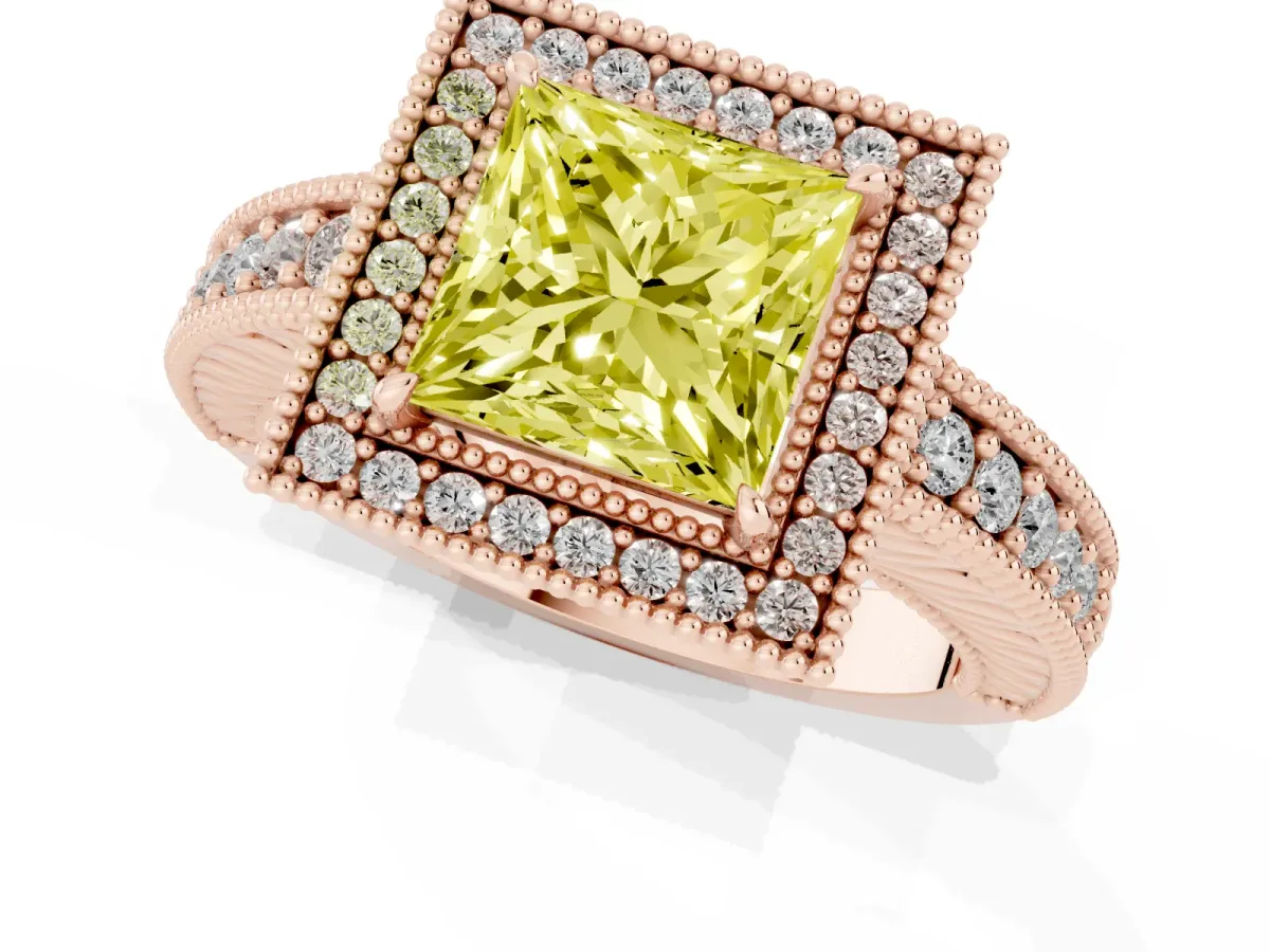 Fancy Yellow Princess Cut Cut Halo Diamond Ring with Pavé Band and Four-Prong Setting Rose gold