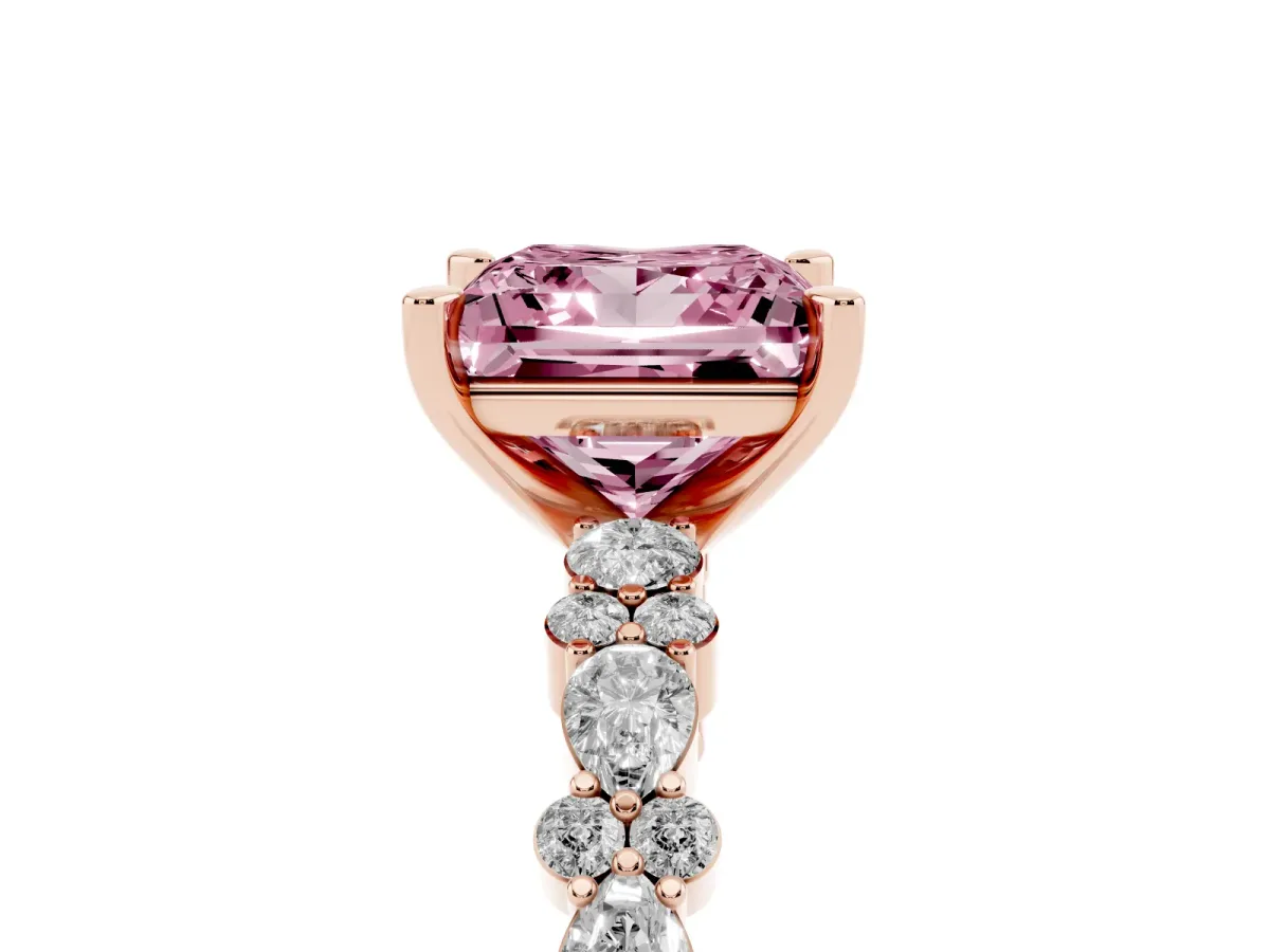 Fancy Pink Princess Cut Diamond Side Stone Solitaire Ring with Round and Four-Prong Setting Rose gold