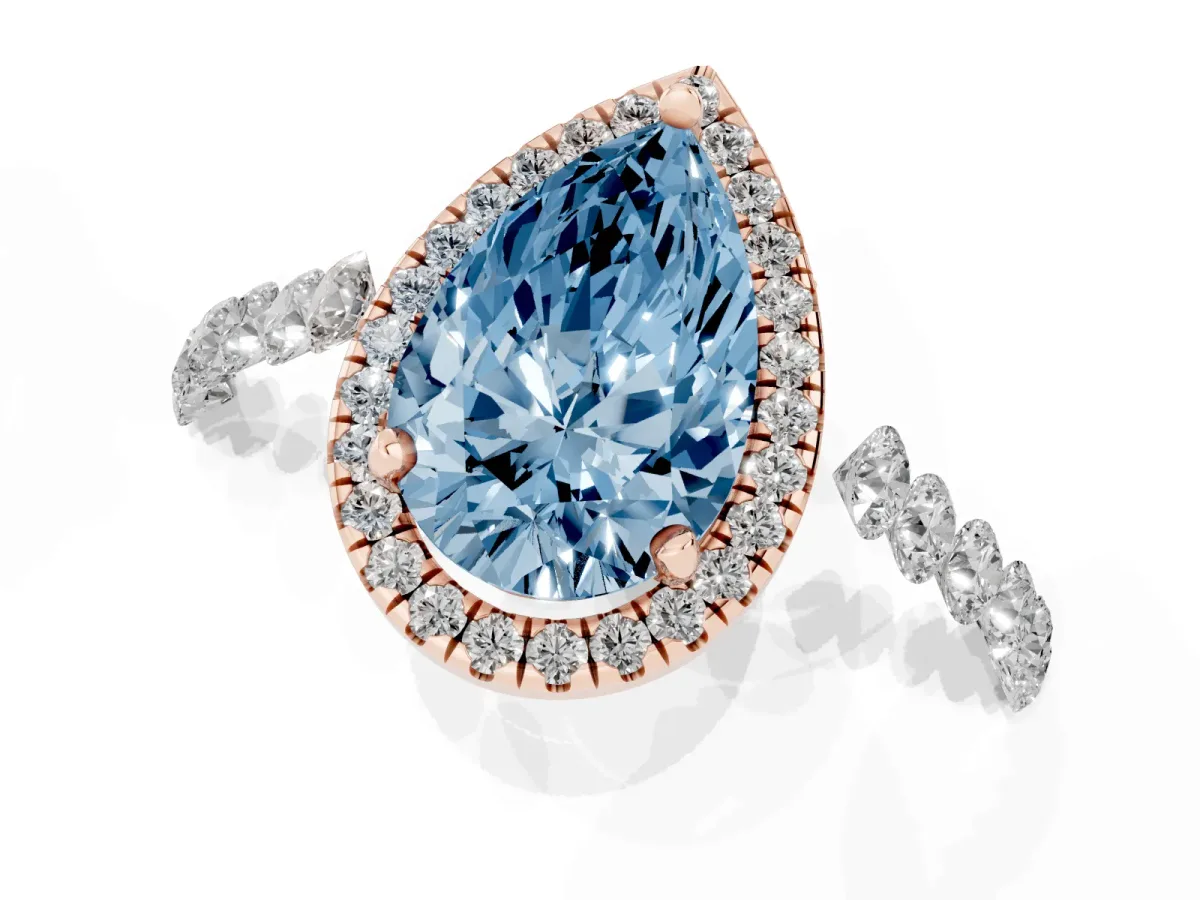 Fancy Blue Pear Cut Halo Pavé Diamond Engagement Ring with Four-Prong Setting Rose gold