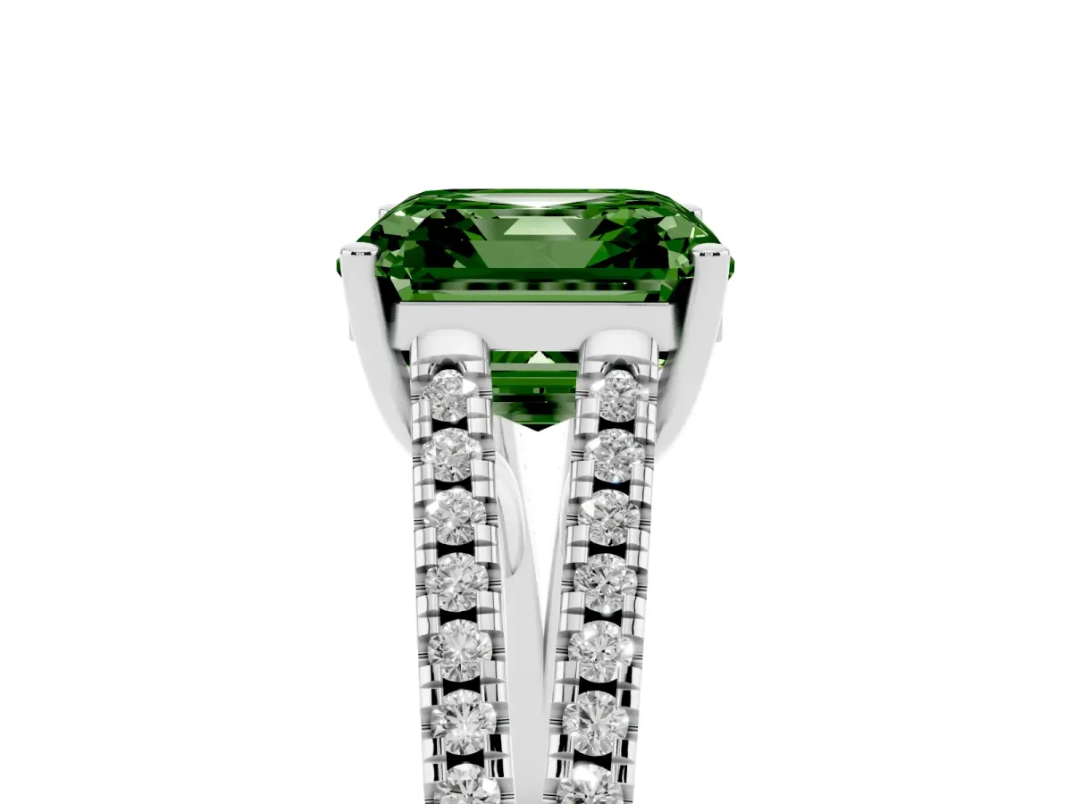 Fancy Green Asscher Cut Diamond Solitaire Engagement Ring with Split Shank Pavé Band Silver