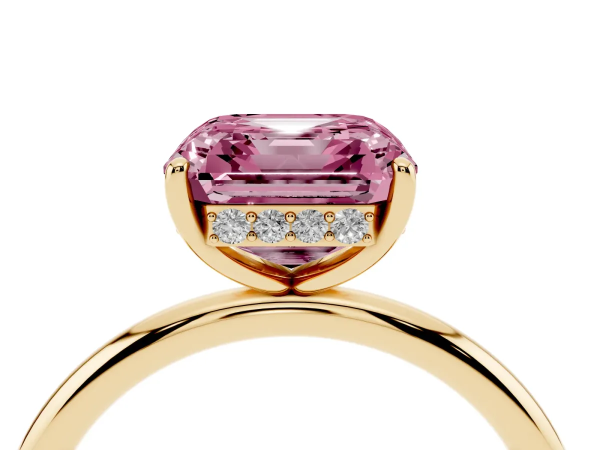 Fancy Pink Asscher Cut Solitaire Diamond Ring with a Classic Band and Four-Prong Setting Yellow gold