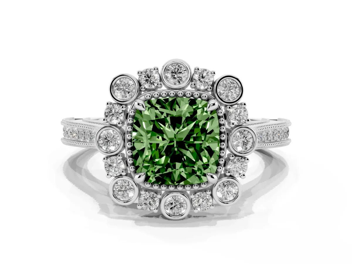 Fancy Green Cushion Cut Halo Milgrain Pave Diamond Ring with Four-Prong Setting Silver