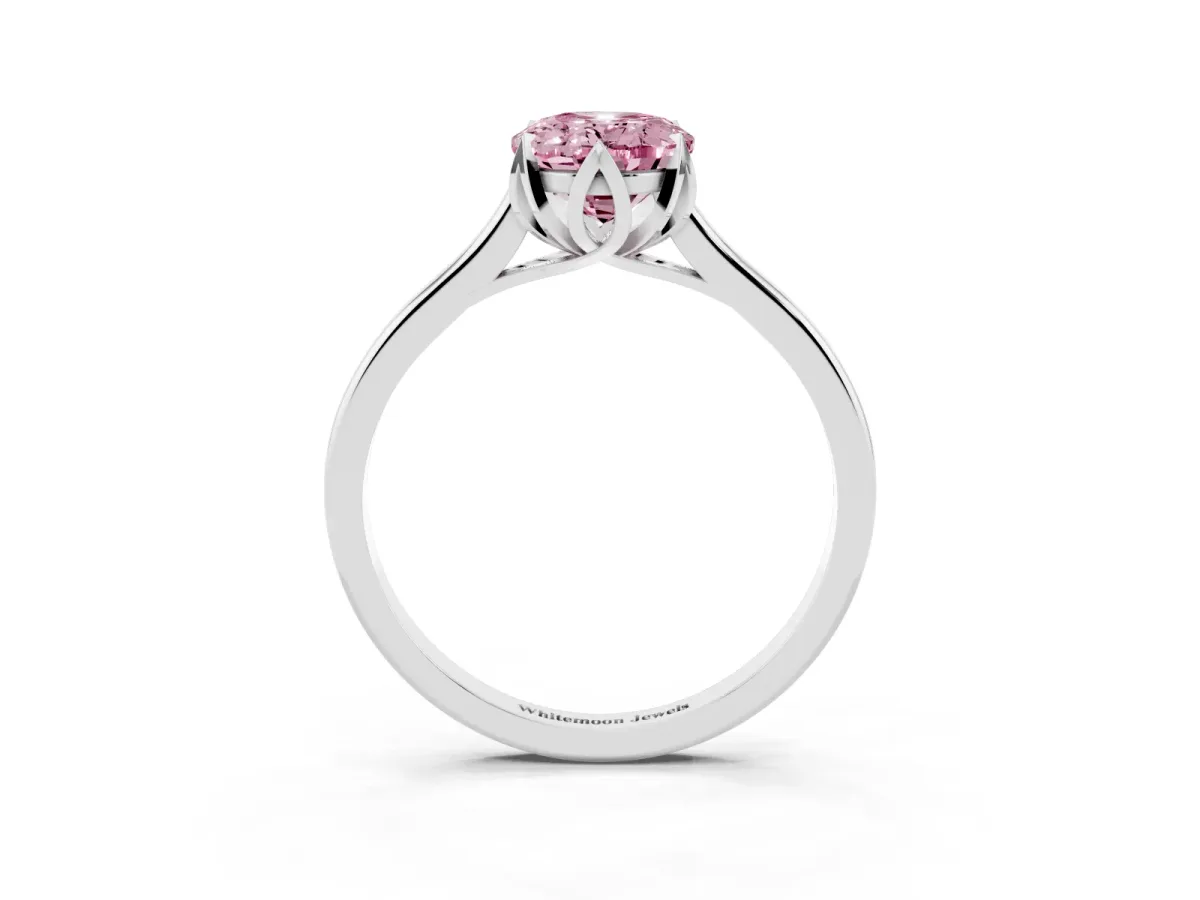 Fancy Pink Oval Cut Diamond Solitaire Ring with Flower Prong Setting and Classic Band Silver