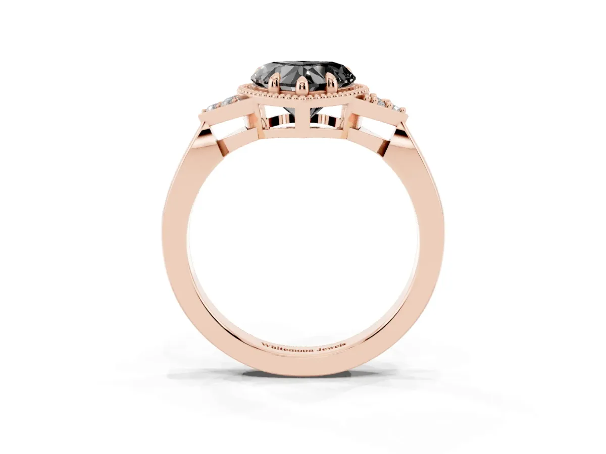 Fancy Black Hexagonal Halo Heart Cut Diamond Solitaire with Pavé Band and Four-Prong Setting Rose gold