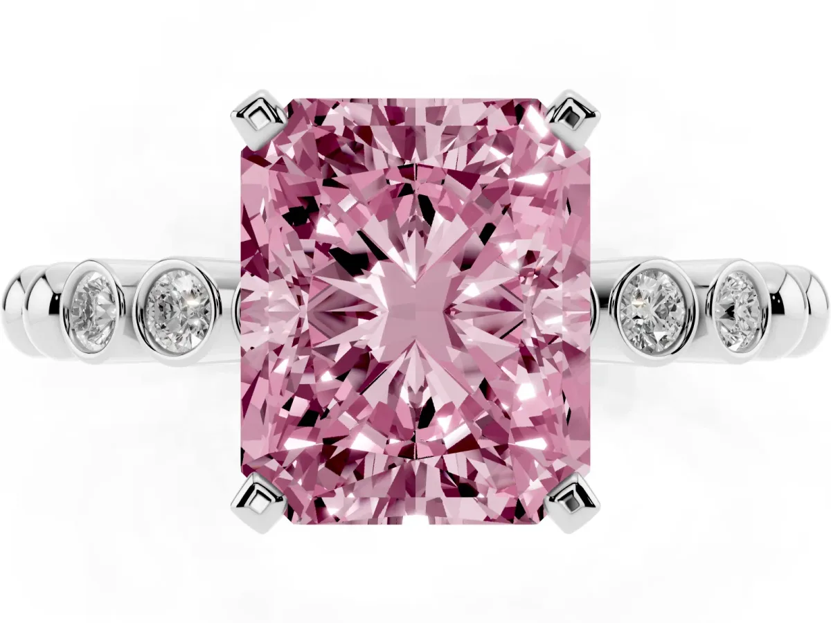 Fancy Pink Radiant Cut Solitaire Bezel Accent Diamond Engagement Ring with Beaded Band and Four-Prong Setting Silver