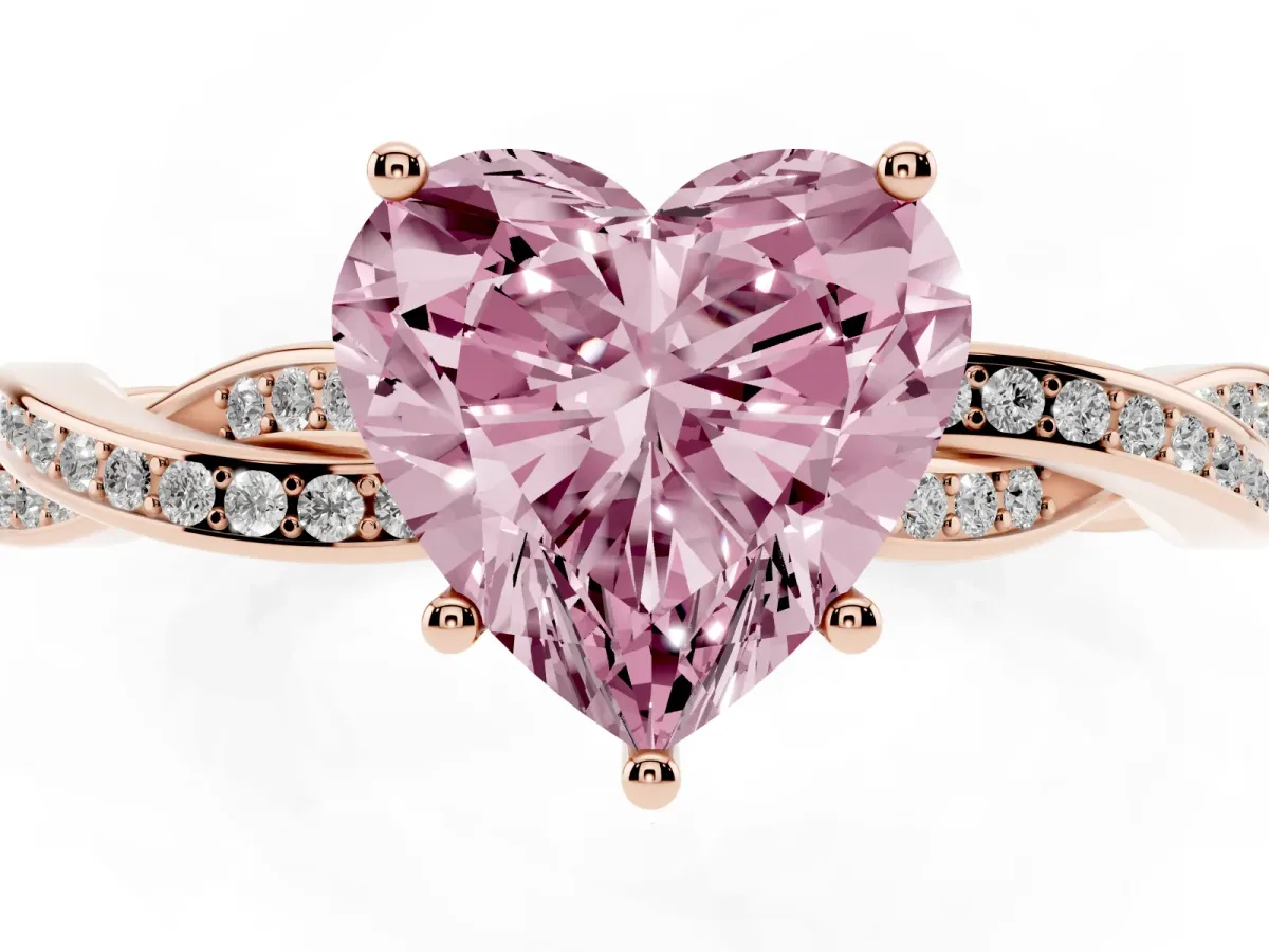 Fancy Pink Heart Cut Solitaire Twisted Pave Diamond Ring with Four-Prong Setting Rose gold