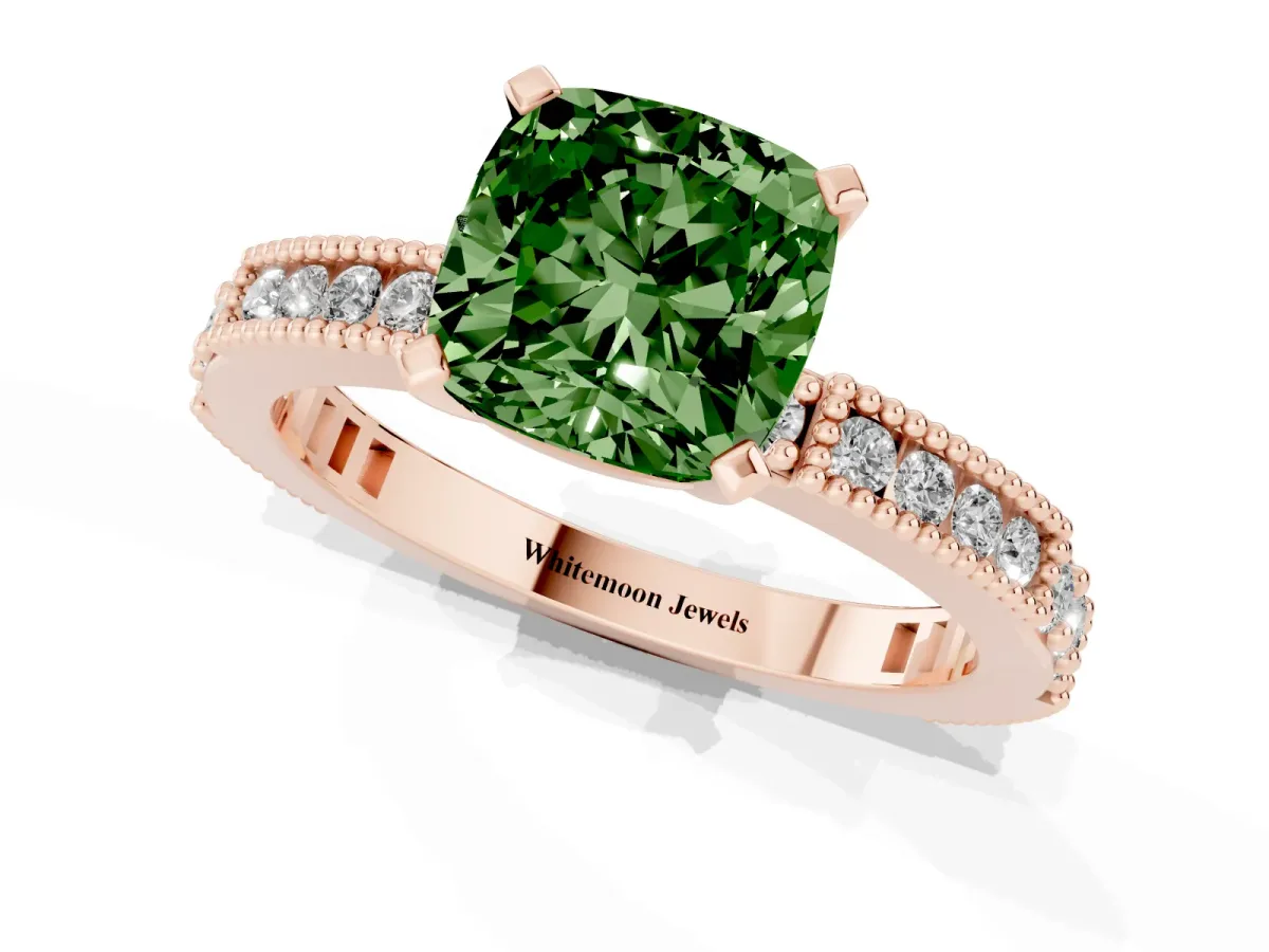 Fancy Green Cushion Cut Solitaire with Pavé Band and Four-Prong Setting Rose gold