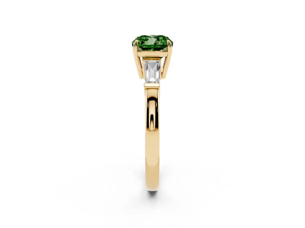 Fancy Green Cushion Cut Diamond Three-Stone Ring with Tapered Baguette Side Stones and Prong Setting Yellow gold