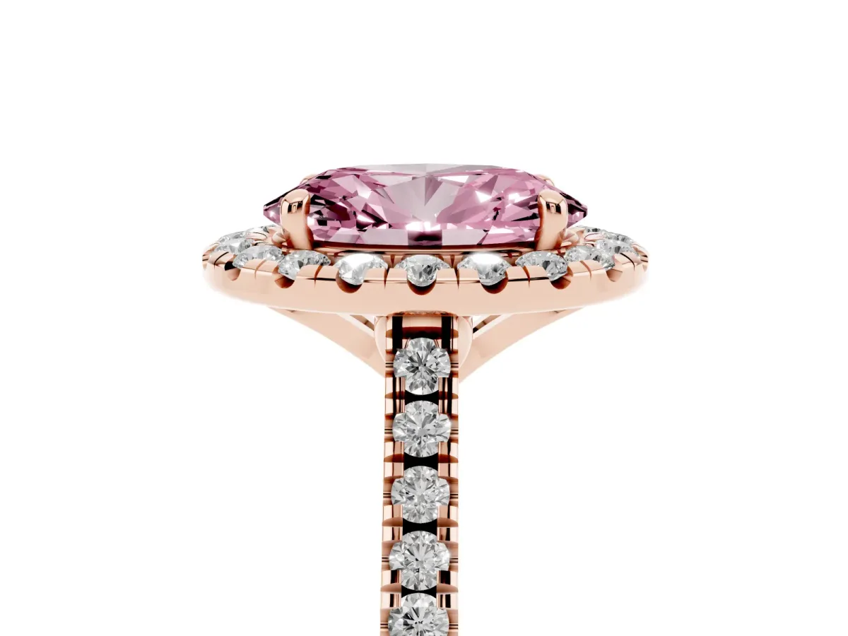 Fancy Pink Oval Cut Diamond Cushion Halo Ring with Pavé Band Rose gold