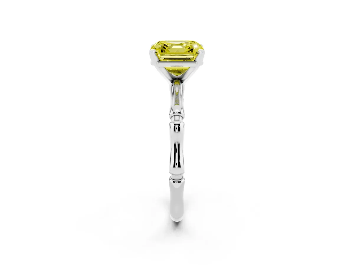 Fancy Yellow Asscher Cut Solitaire Diamond Ring with Bamboo Band and Four-Prong Setting Platinum