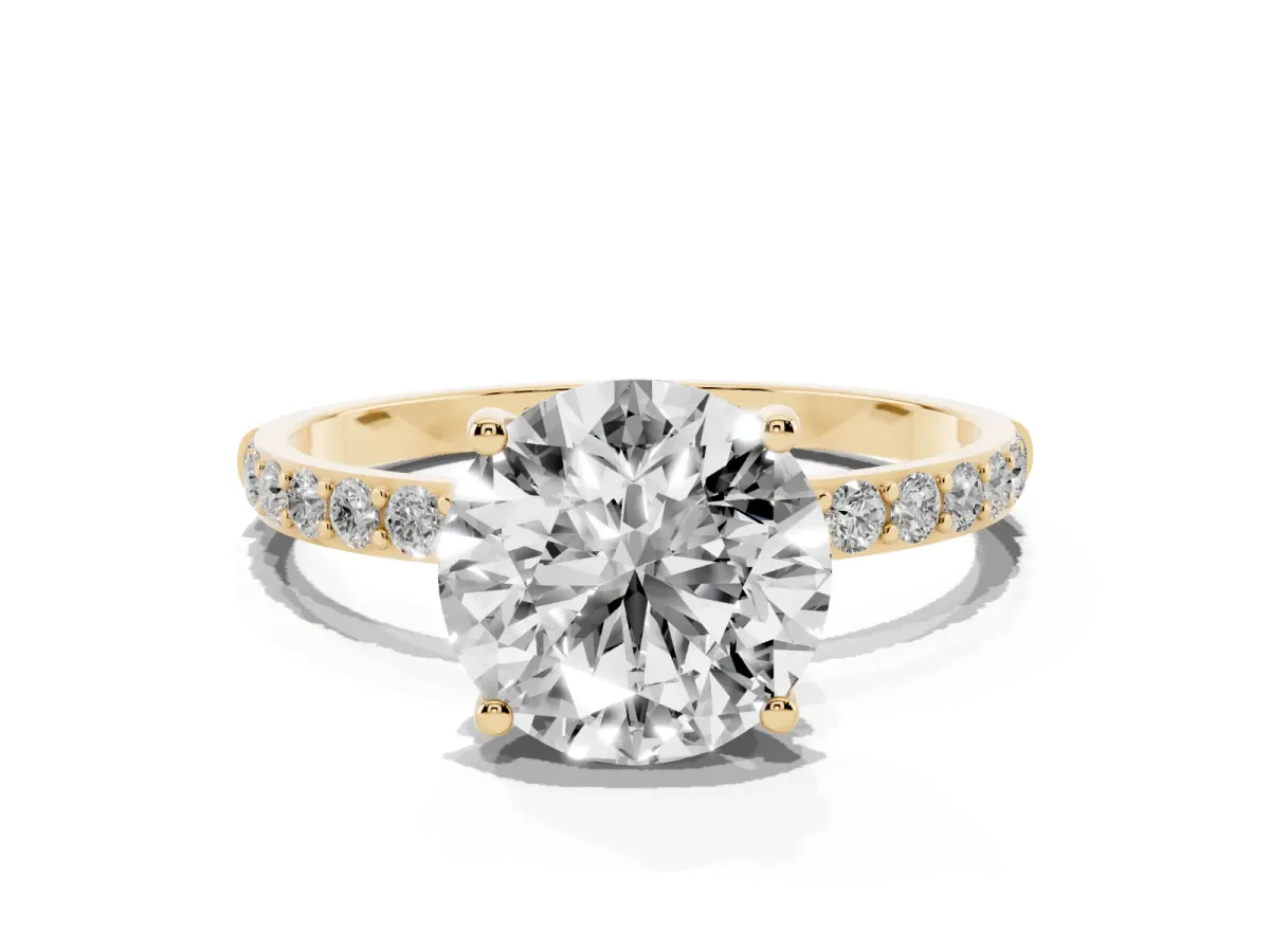 Round Cut Diamond Solitaire Ring with Round Pavé Shoulders and Prong Setting Yellow gold