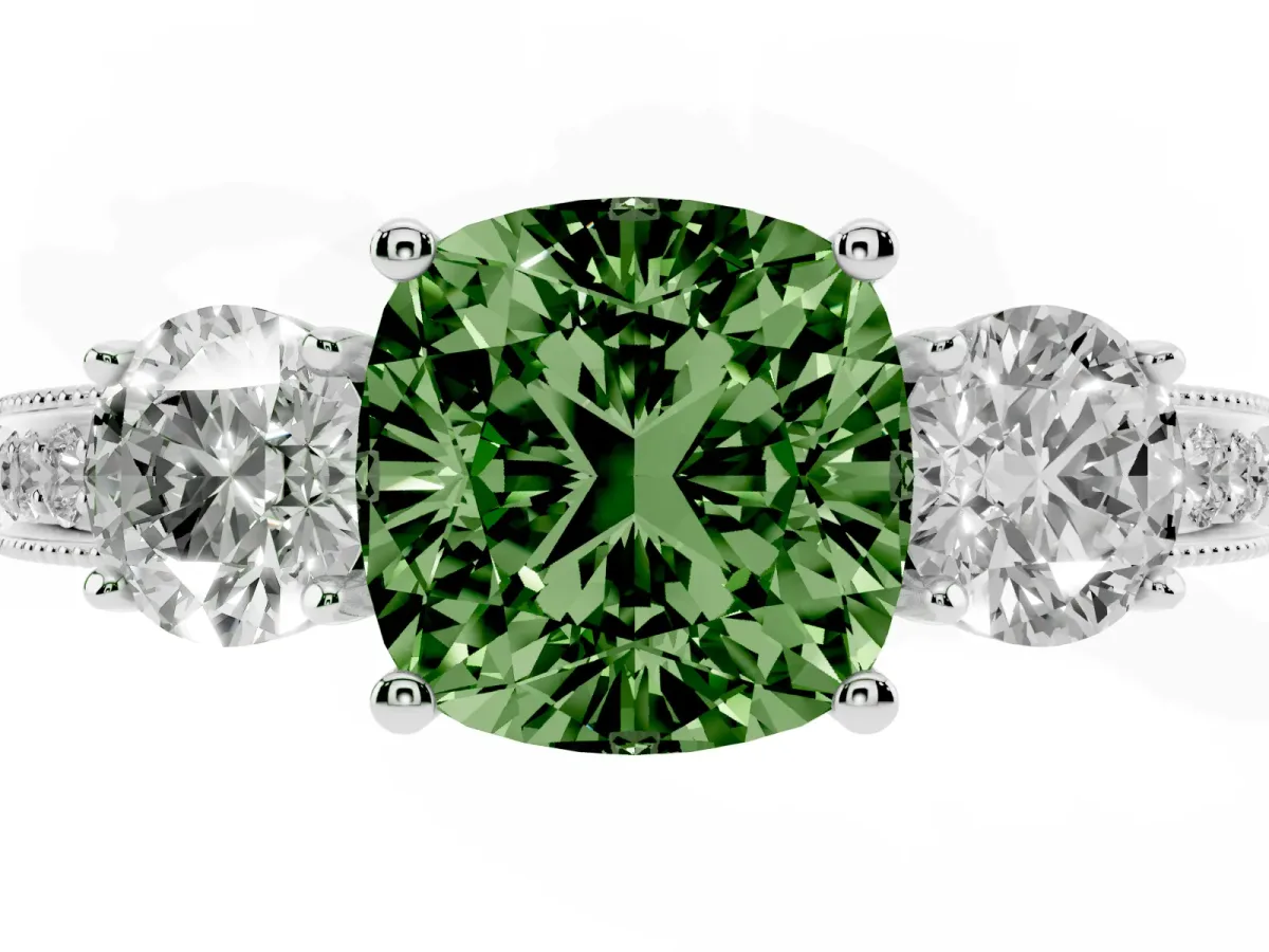 Fancy Green Cushion Cut Three-Stone Diamond Ring with Pavé Band and Four-Prong Setting Silver
