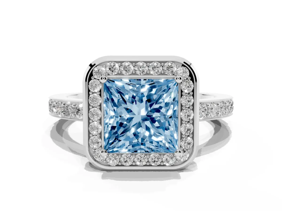 Fancy Blue Princess Cut Diamond Halo Ring with Bezel Frame and Pavé Band Silver