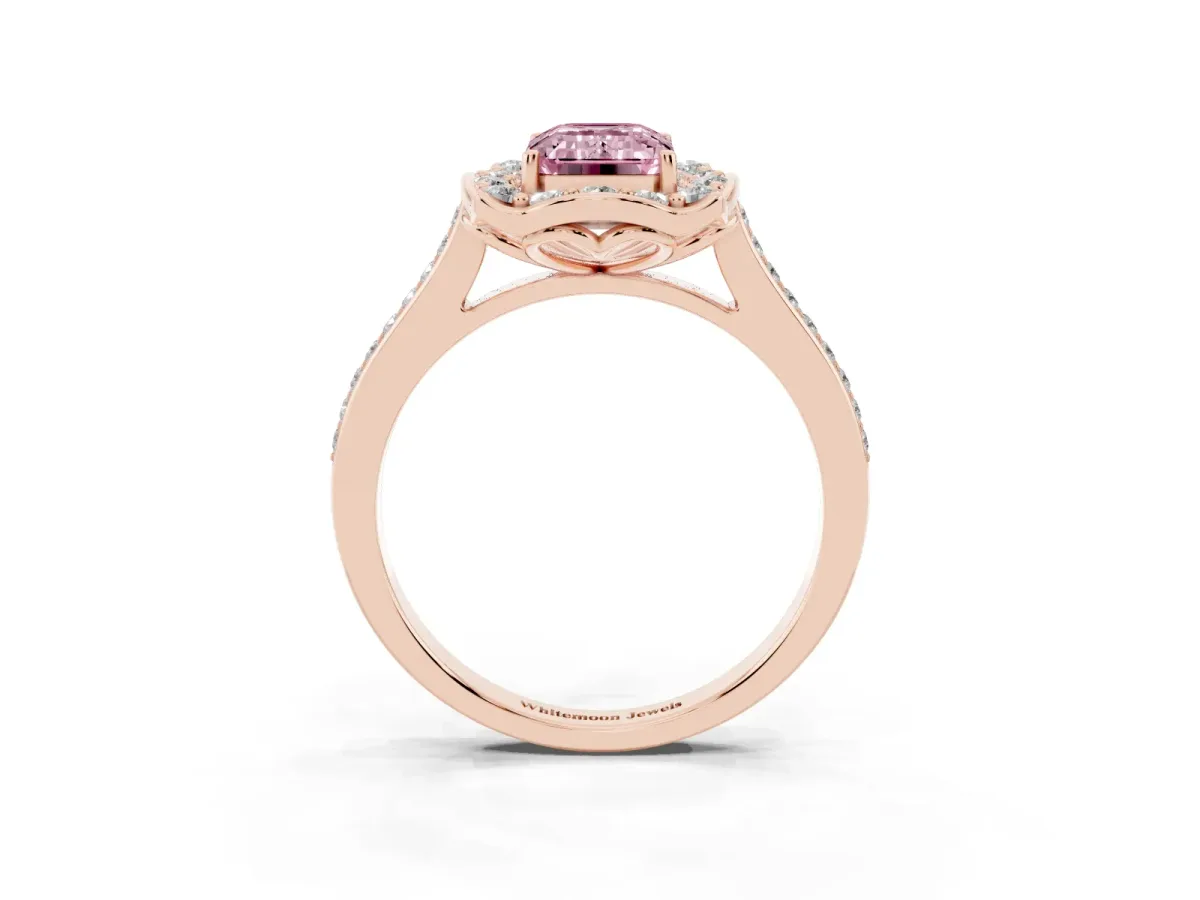 Fancy Pink Emerald Cut Halo Round Diamond Pave Band with Four-Prong Setting Rose gold