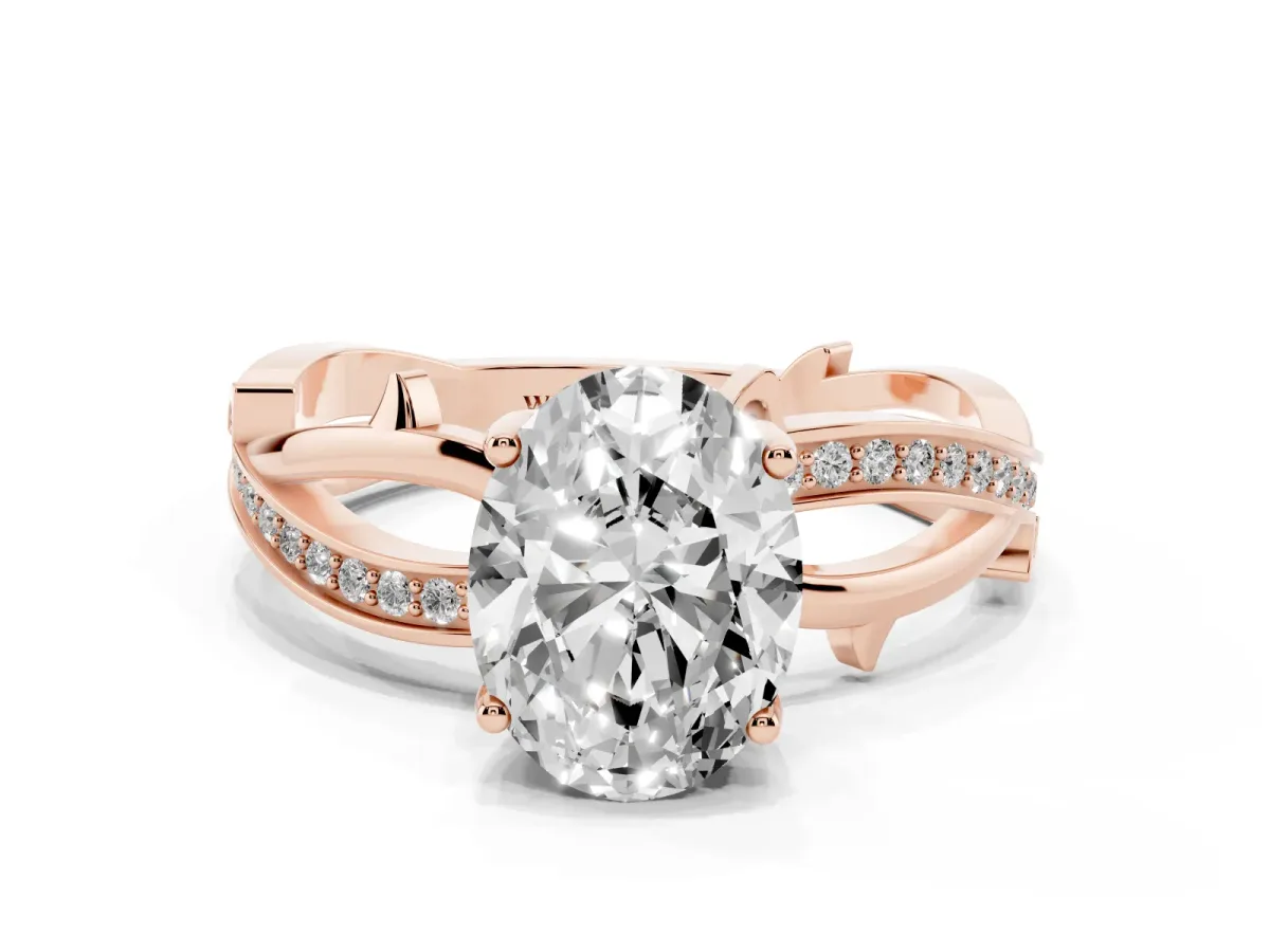 Oval Cut Solitaire Twist Band with Pavé Accents and Four-Prong Setting Rose gold
