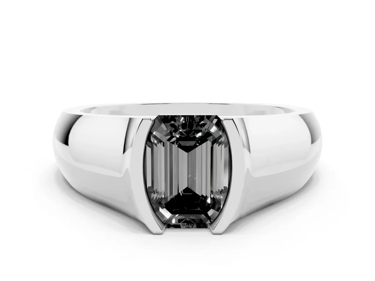 Fancy Black Emerald Cut Solitaire Bezel Set Diamond Ring with Wide Band Platinum
