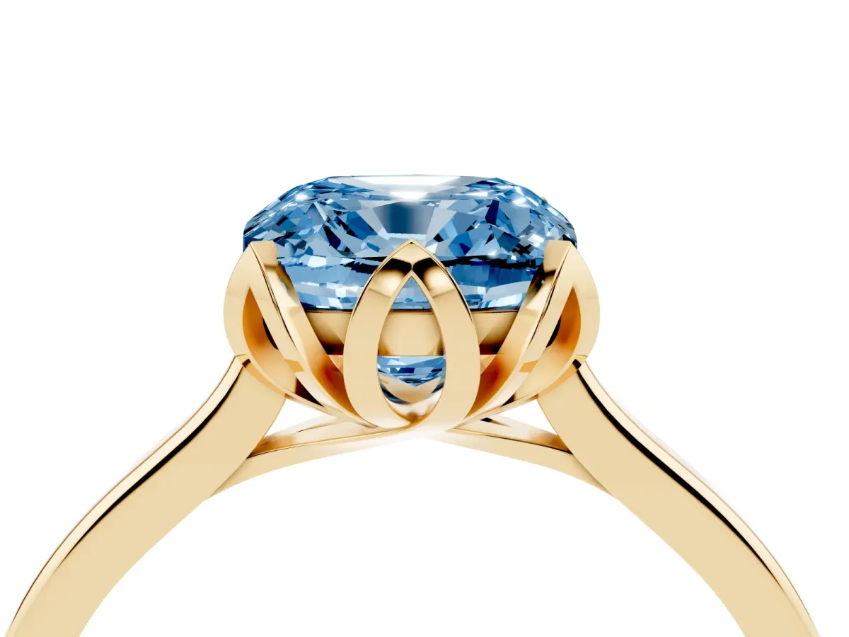 Fancy Blue Cushion Cut Diamond Solitaire Ring with Flower Prong Setting and Classic Band Yellow gold