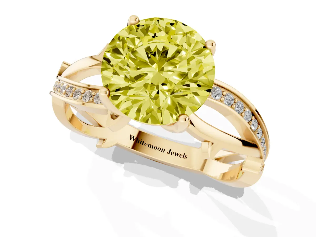 Fancy Yellow Round Cut Solitaire Twist Band with Pavé Accents and Four-Prong Setting Yellow gold
