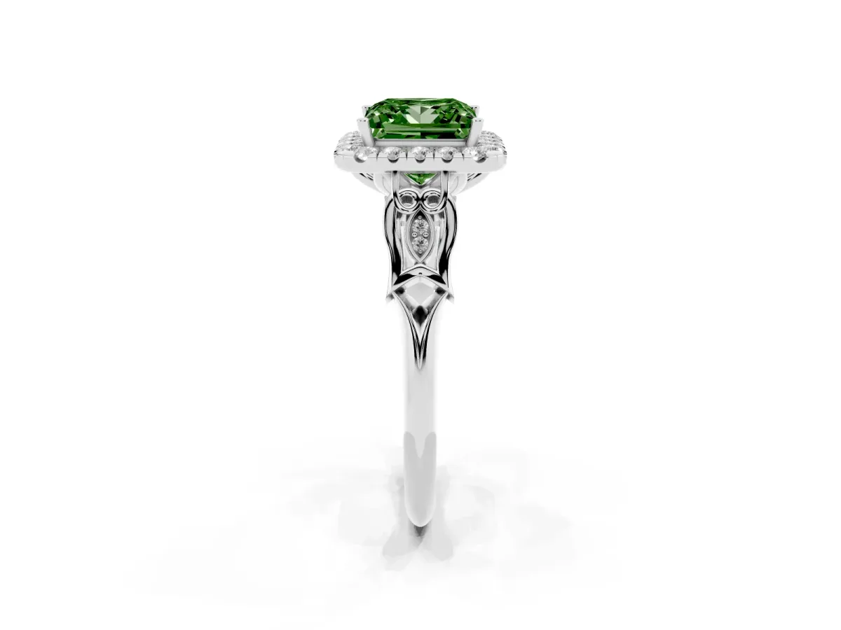 Fancy Green Princess Cut Halo Diamond Engagement Ring with Filigree Band and Four-Prong Setting Platinum
