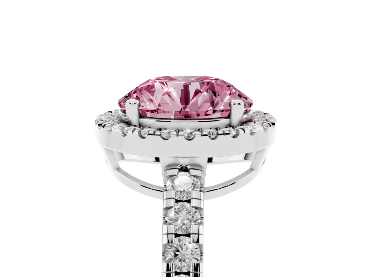 Fancy Pink Round Cut Diamond Halo Ring with Pavé Band and Four-Prong Setting Platinum