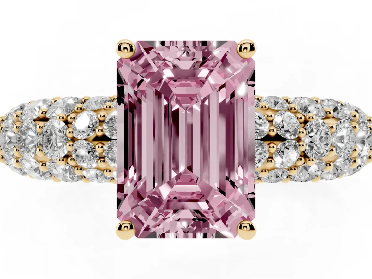 Fancy Pink Emerald Cut Diamond Pavé Band Solitaire Ring with Four-Prong Setting Yellow gold